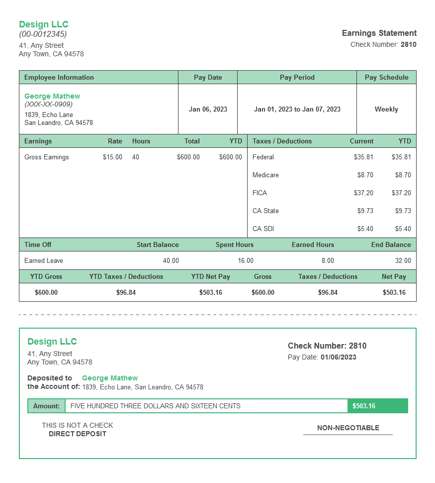 green tree paystub with time off and deposit slip