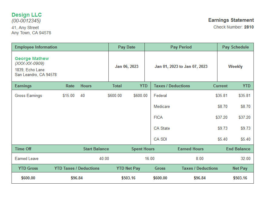 green tree paystub with time off