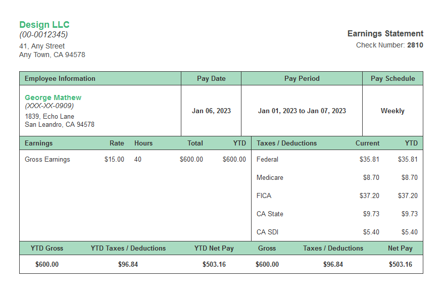 Green tree paystub template