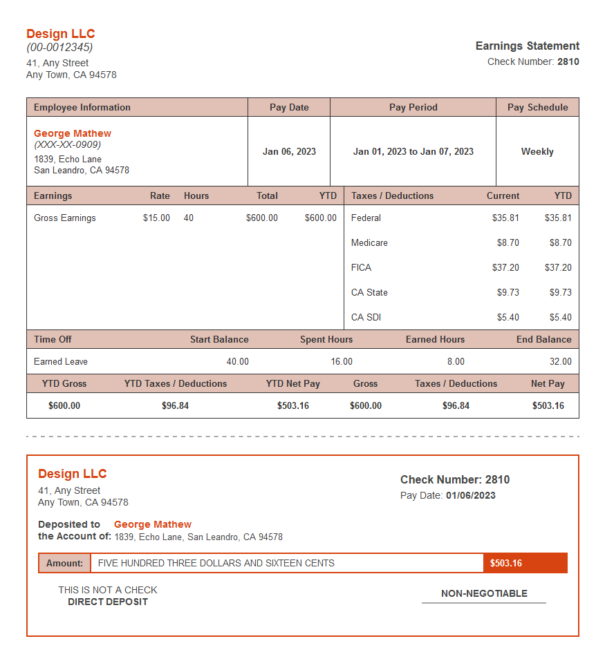 meadow paystub with time off and deposit slip