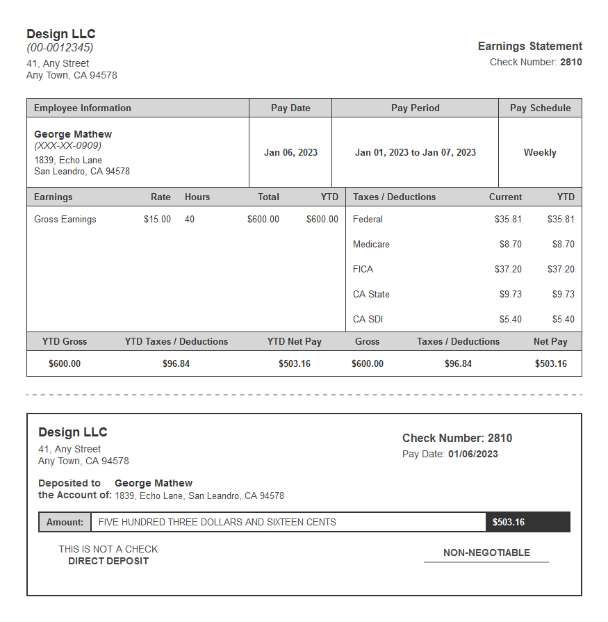 silver coat paystub with deposit slip