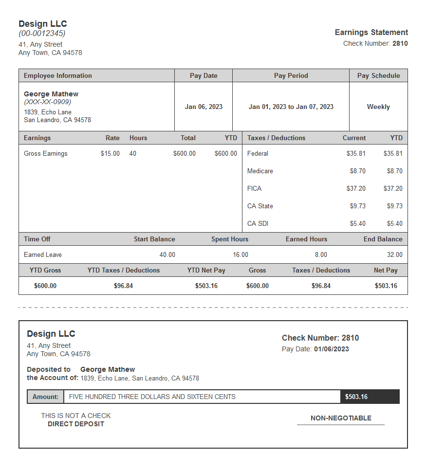 silver coat paystub with time off and deposit slip