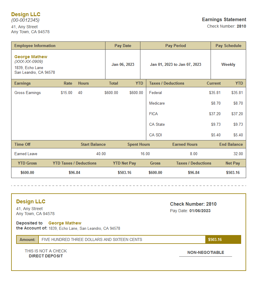 yellow crazy paystub with time off and deposit slip