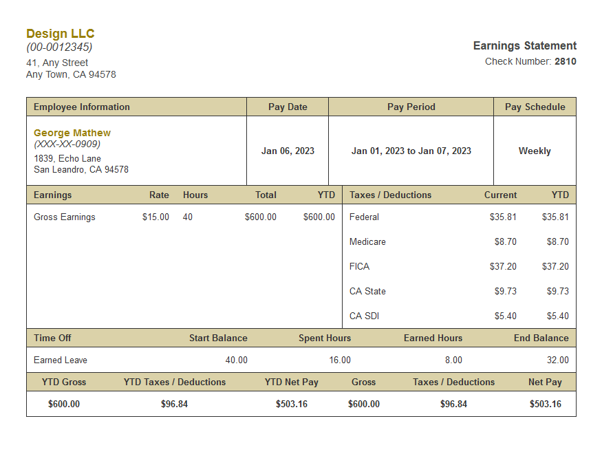 yellow crazy paystub with time off