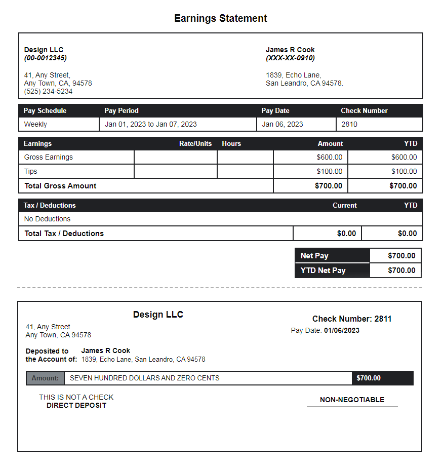 Black Paystub Template with Time-off and Deposit Slip