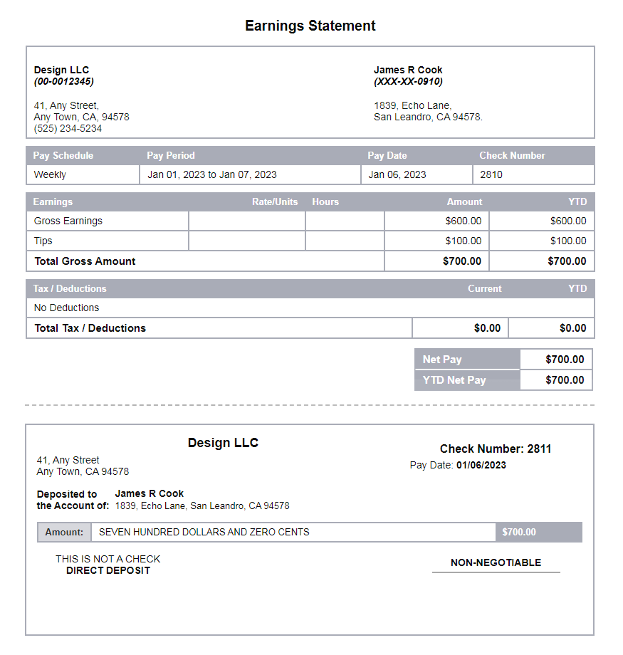 cloud gray paystub with deposit slip