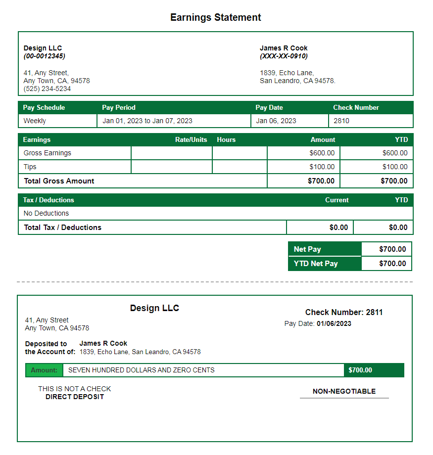 forest green paystub with time off and deposit slip