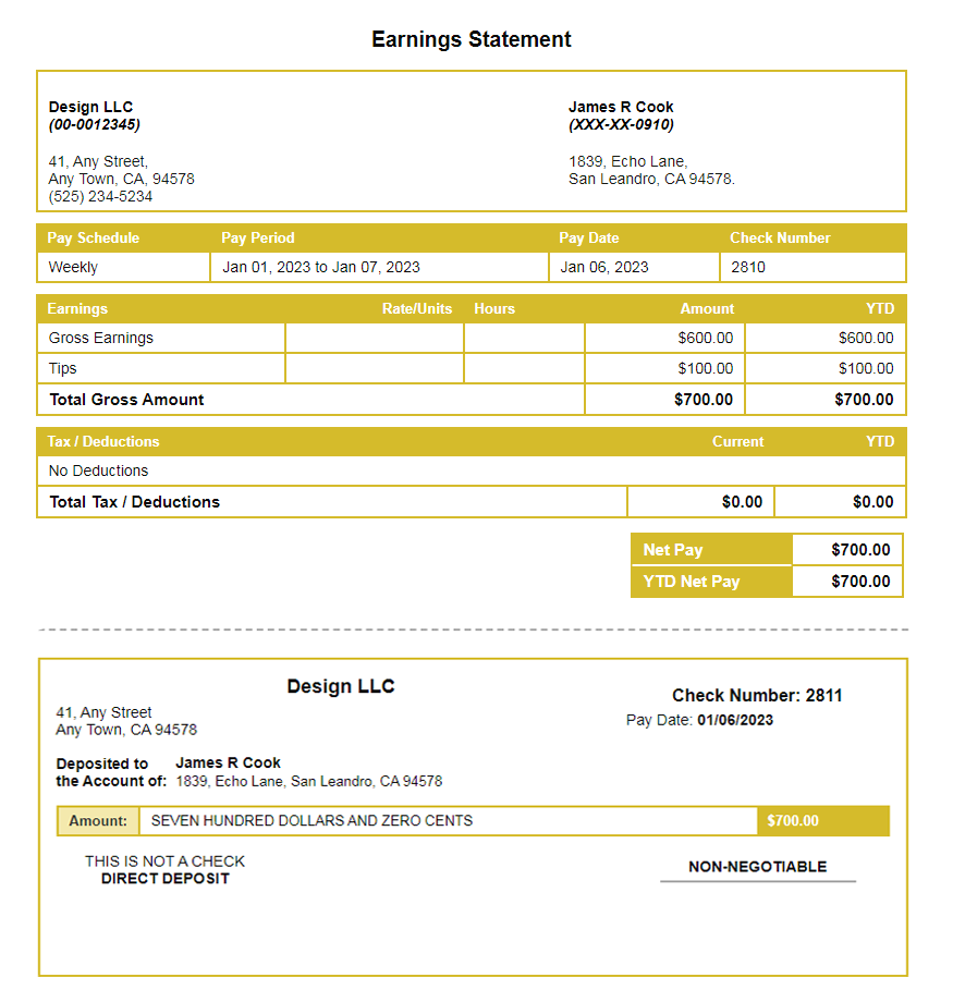 Lemon Tree paystub with time off and deposit slip