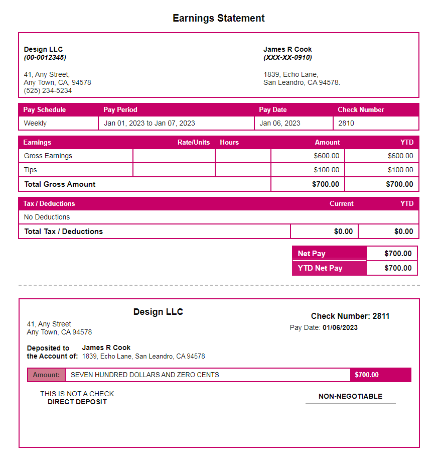 violet Red paystub with time off and deposit slip