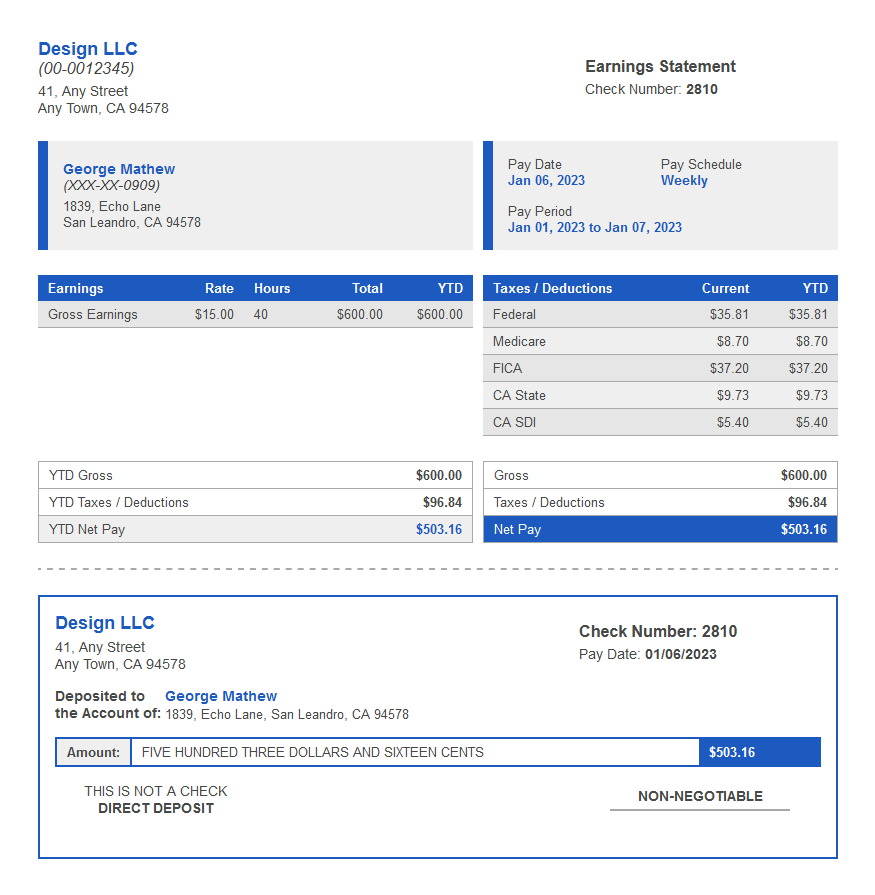 diamma paystub with deposit slip