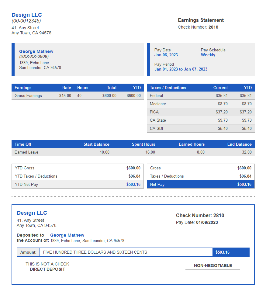 diamma paystub with time off and deposit slip