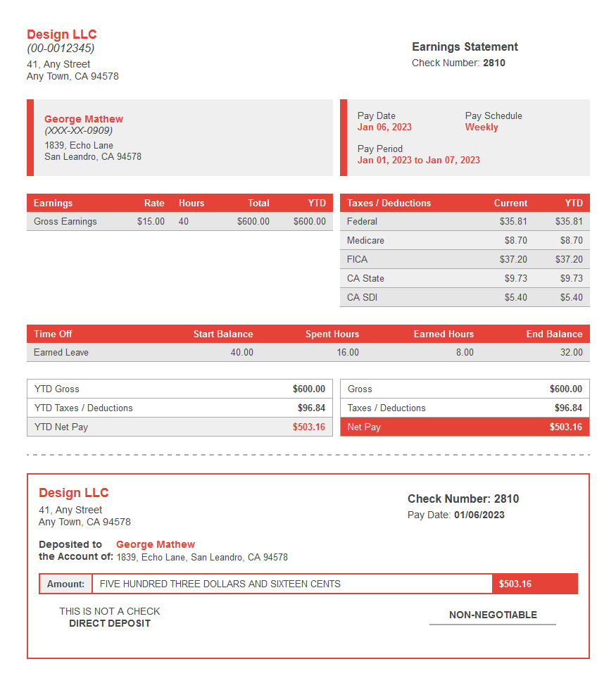 fire paystub with time off and deposit slip