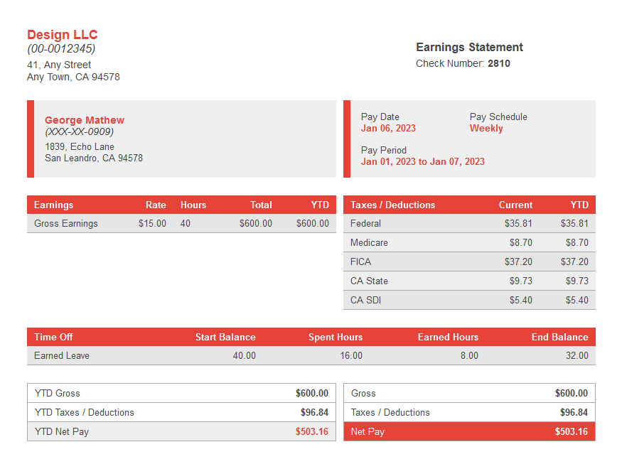 fire paystub with time off