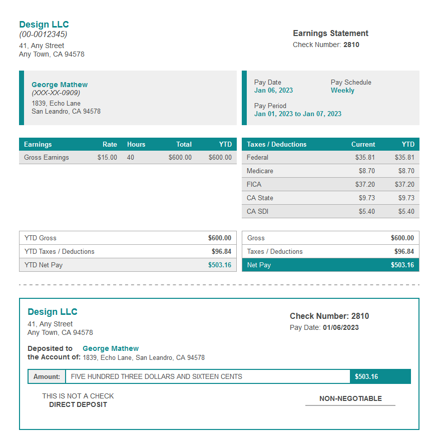 green head paystub with deposit slip