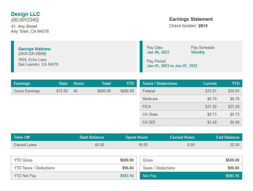 green head paystub with time off