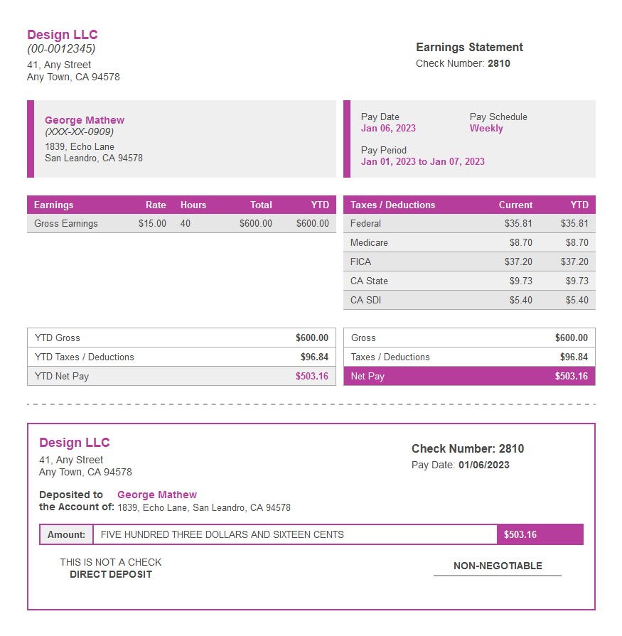 meat paystub with deposit slip