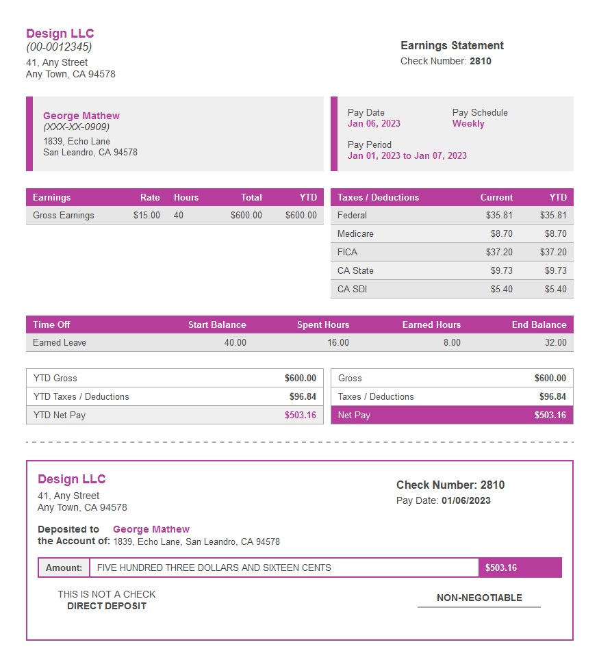 meat paystub with time off and deposit slip