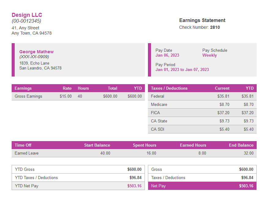 meat paystub with time off