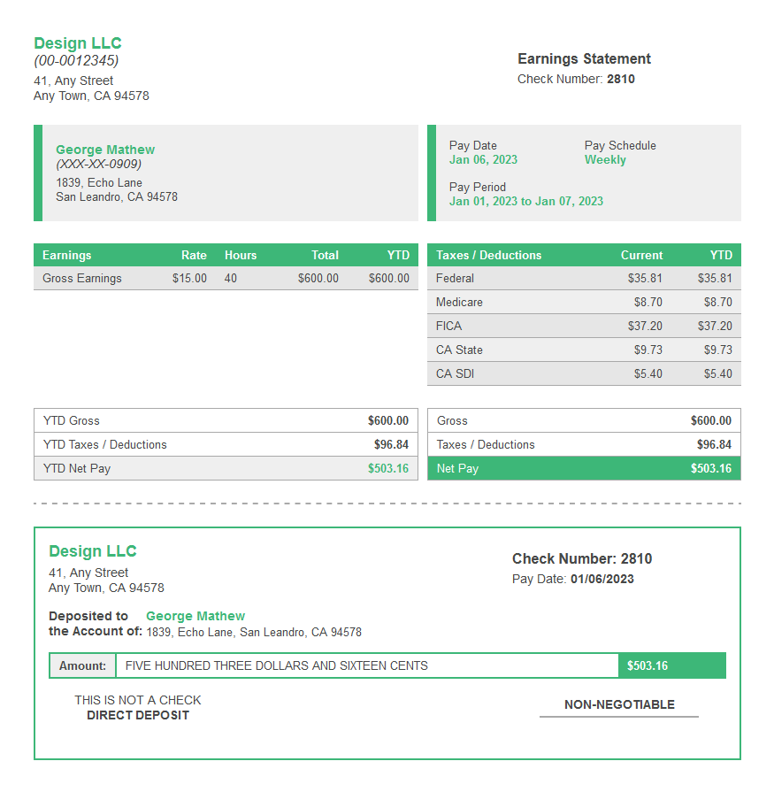 metallica paystub with deposit slip