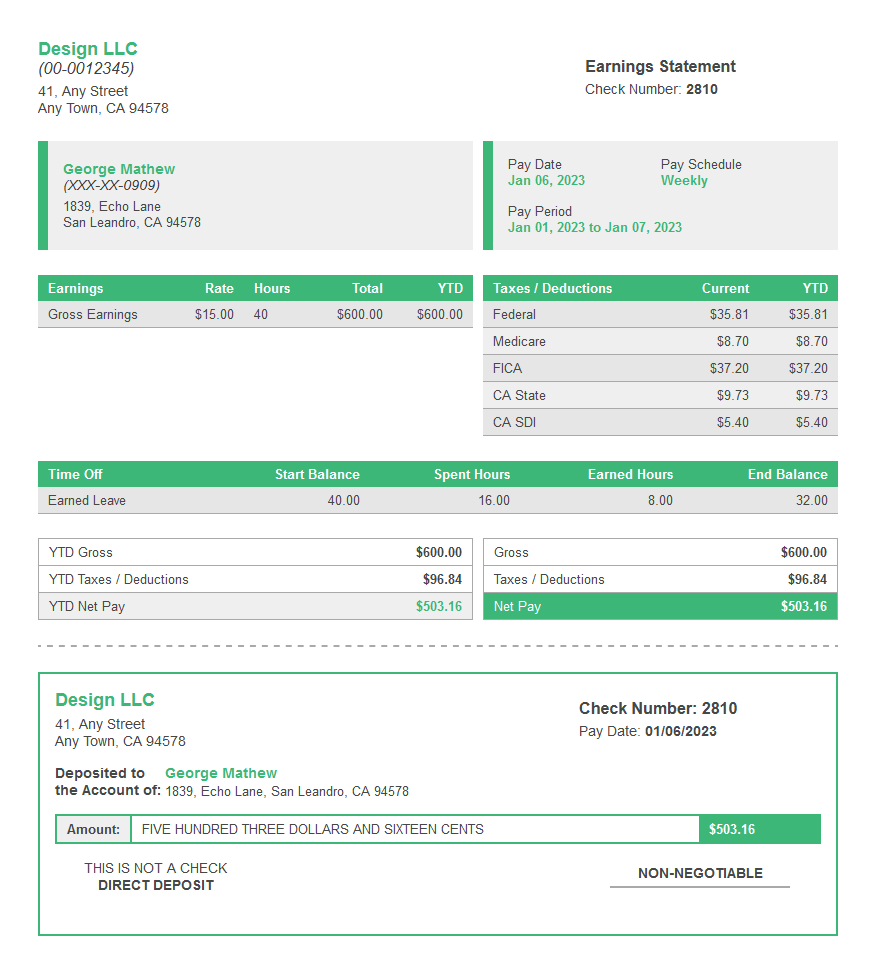 metallica paystub with time off and deposit slip