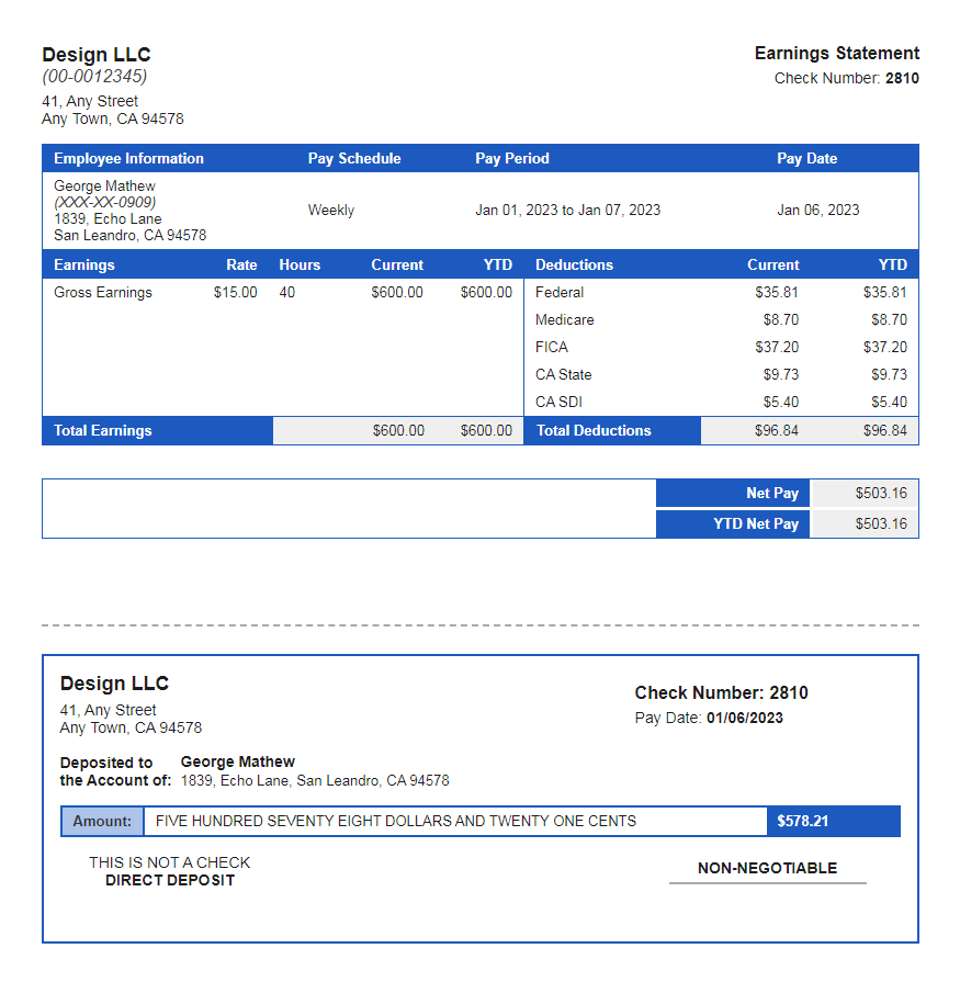 blue paystub with deposit slip