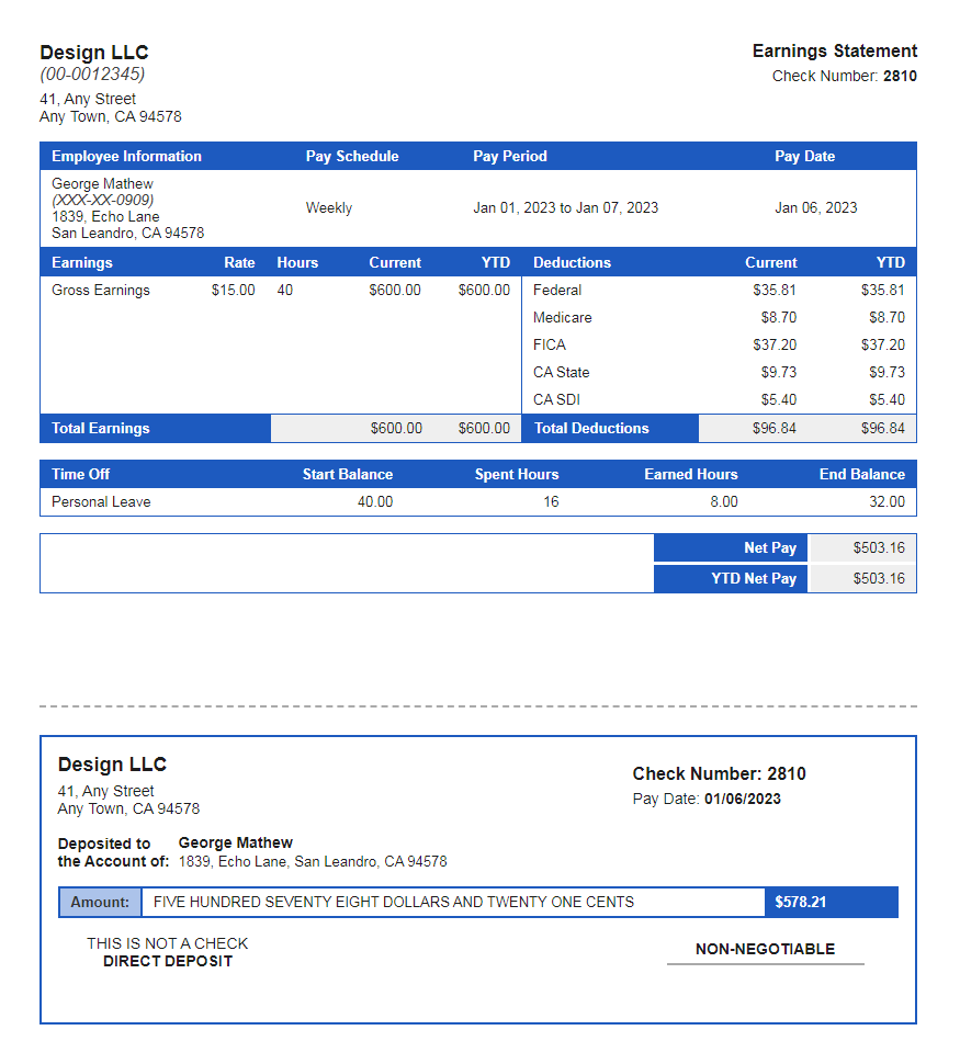 blue paystub with time off and deposit slip