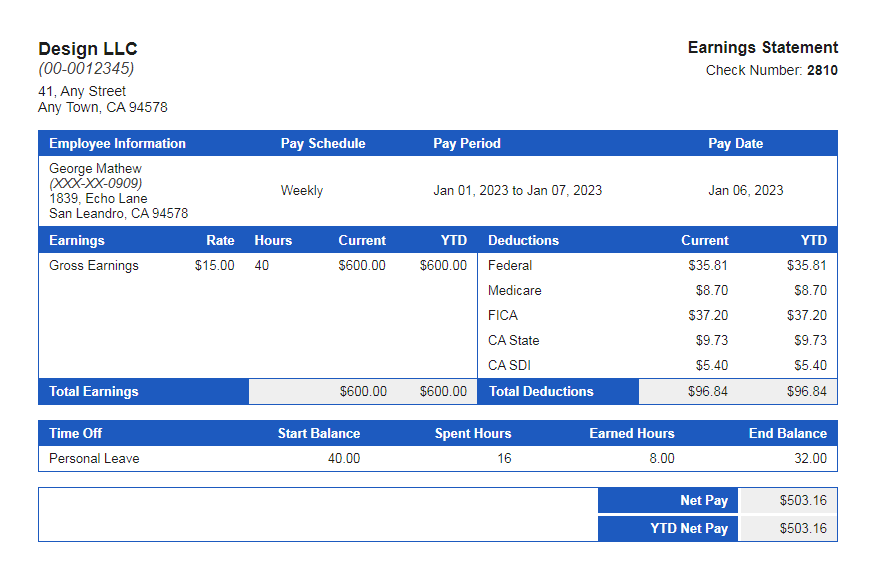 blue paystub with time off