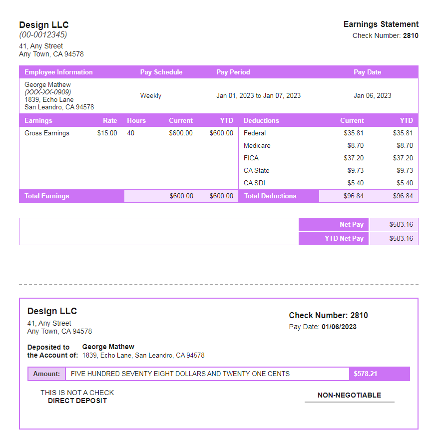 cherokee paystub with deposit slip