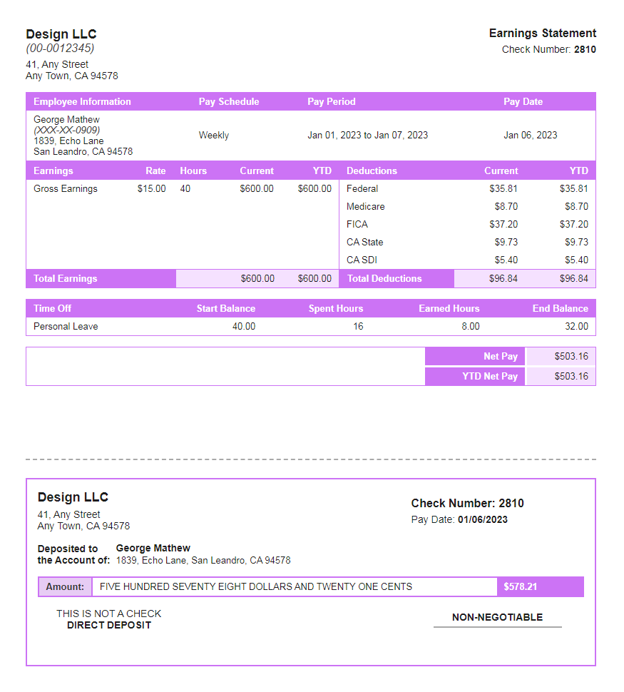 cherokee paystub with time off and deposit slip