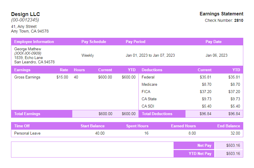 cherokee paystub with time off