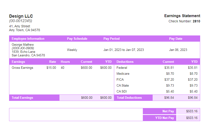 Cherokee paystub template