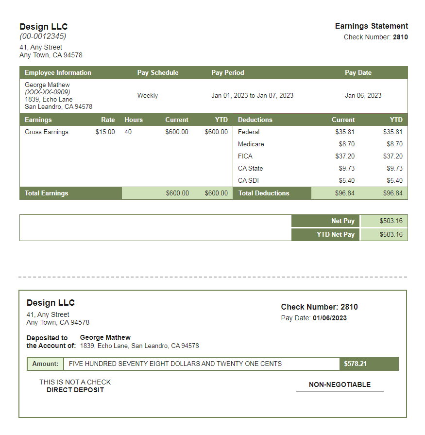 glade green paystub with deposit slip