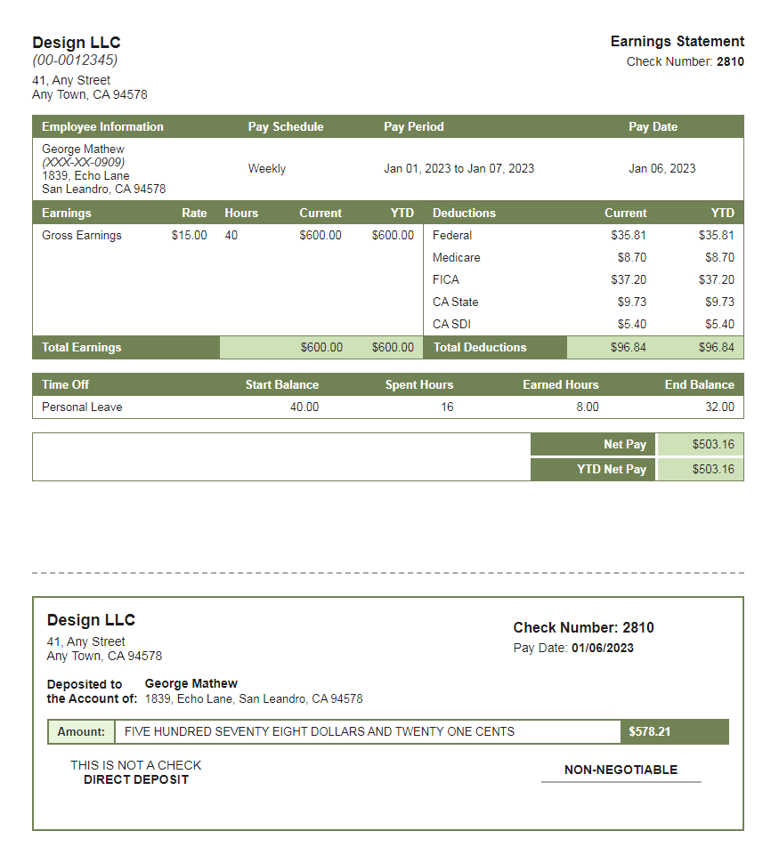 glade green paystub with time off and deposit slip