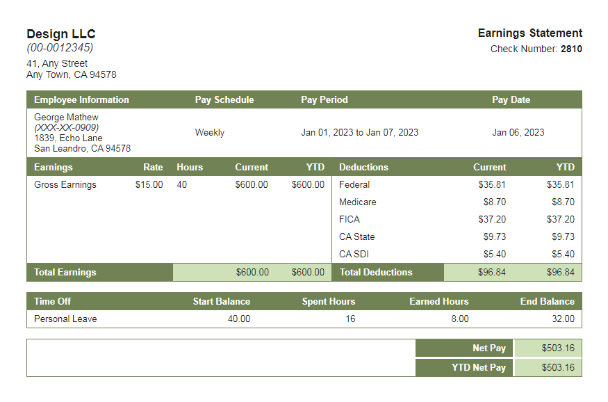 glade green paystub with time off