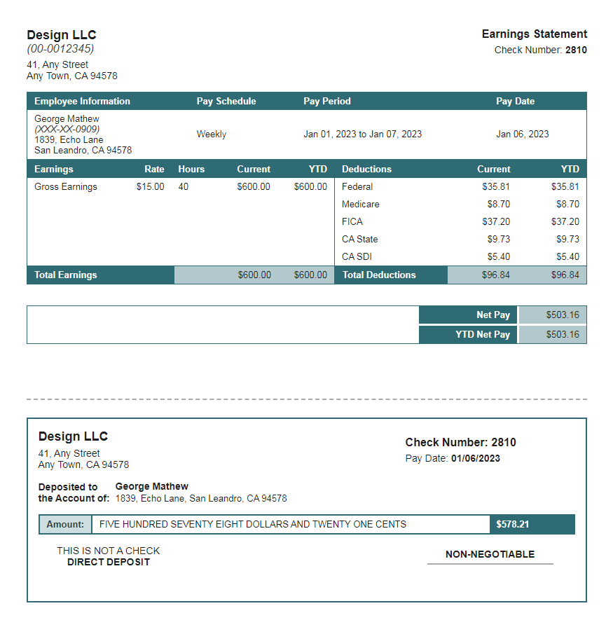 loon turquoise paystub with deposit slip