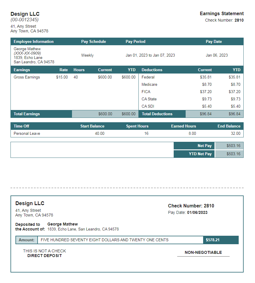 loon turquoise paystub with time off and deposit slip