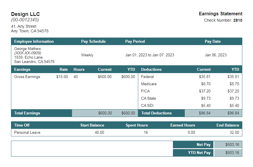 loon turquoise paystub with time off