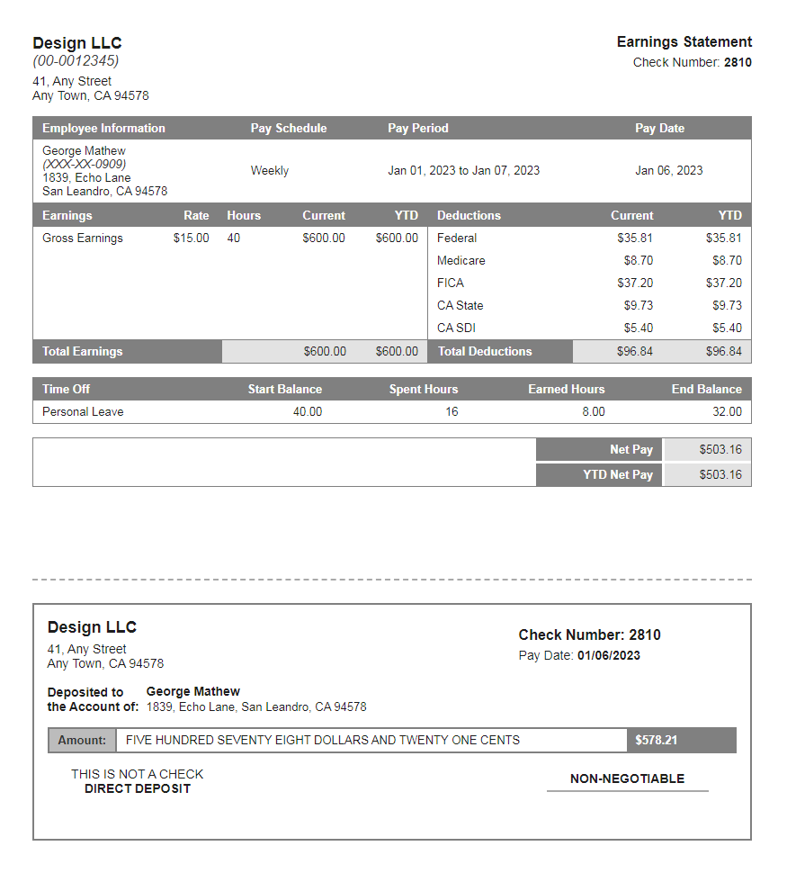 trolley grey paystub with time off and deposit slip